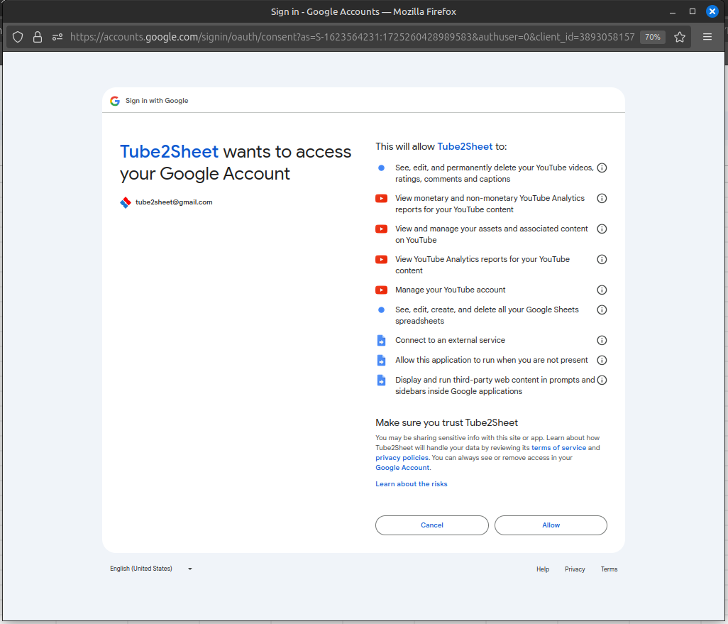 Tube2Sheet Add-on permissions